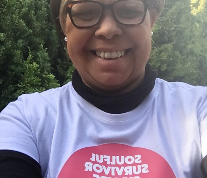 breast cancer survivor Louise wearing soulful survivor sisters shirt